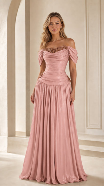 Blush pink ruched off-the-shoulder formal maxi dress