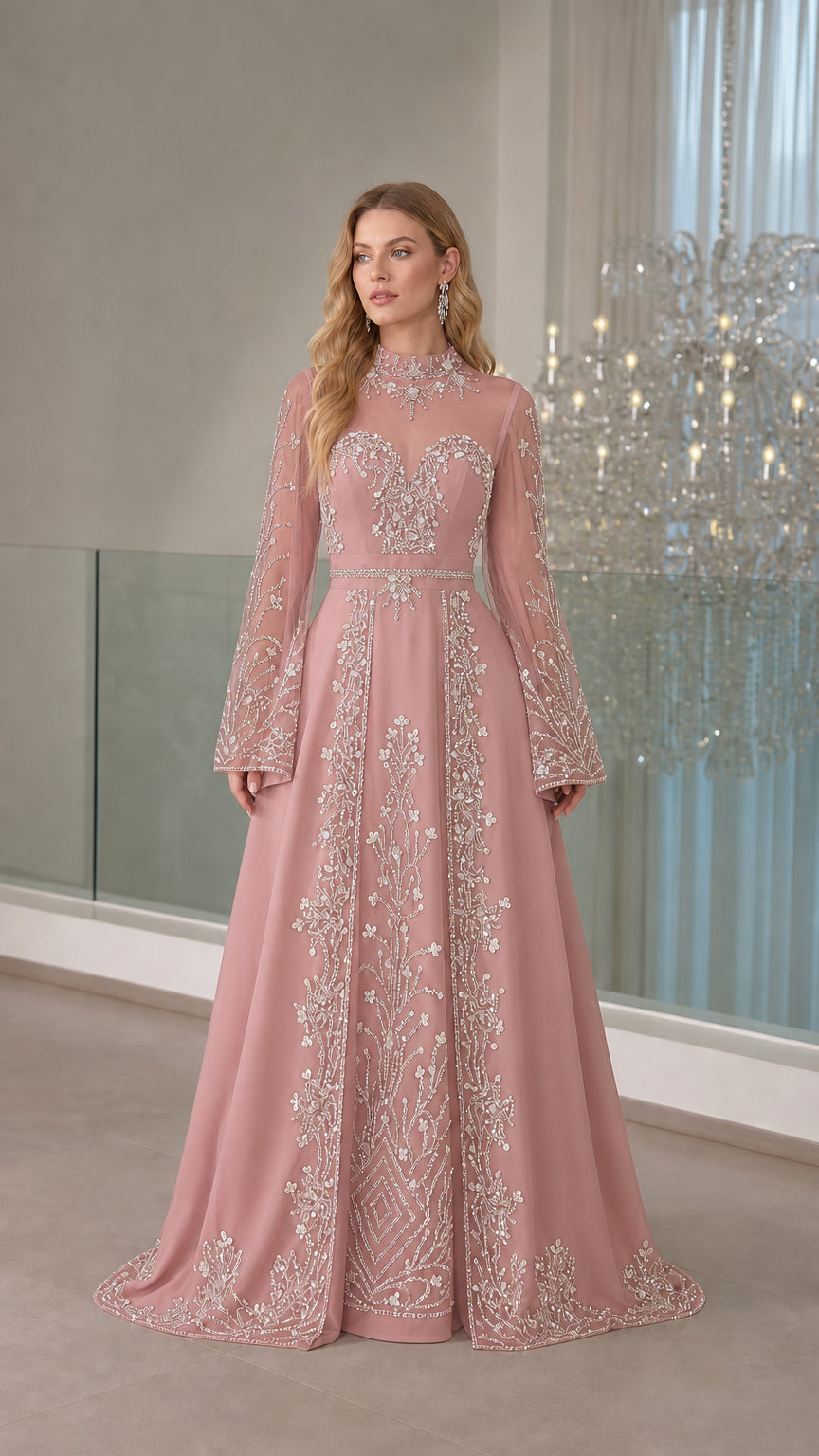 Dusty pink long sleeve evening gown with silver embellishments front view