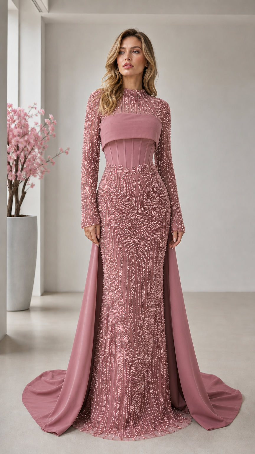 Front view of dusty rose pink beaded formal gown with long sleeves and train