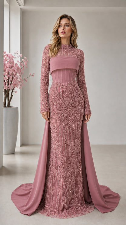 Front view of dusty rose pink beaded formal gown with long sleeves and train
