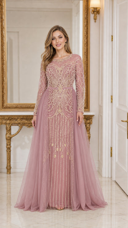 Front view of woman wearing dusty rose pink beaded tulle evening gown