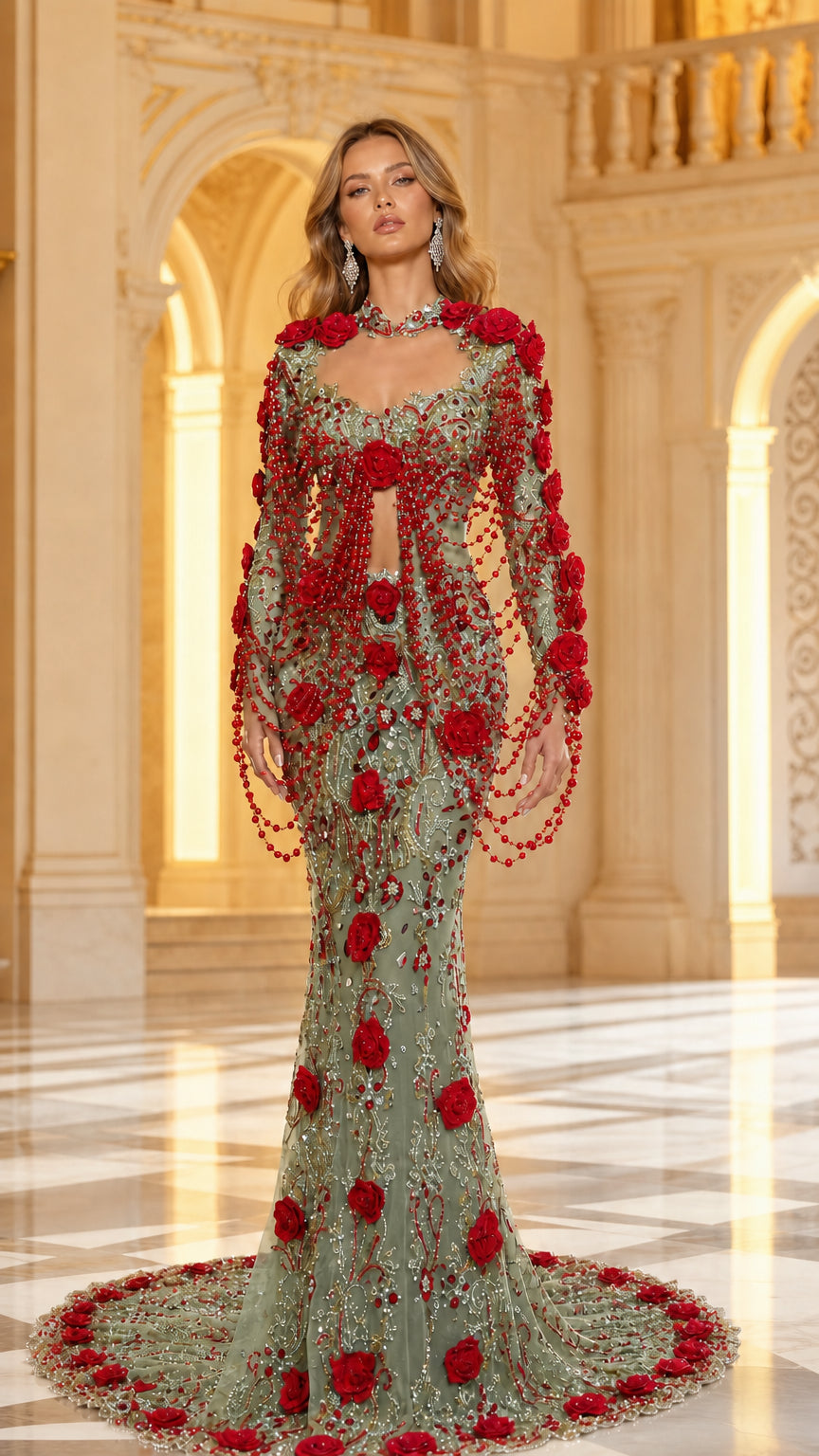 Model wearing Sage Green beaded mermaid gown with red 3D floral appliqués and draped sleeves