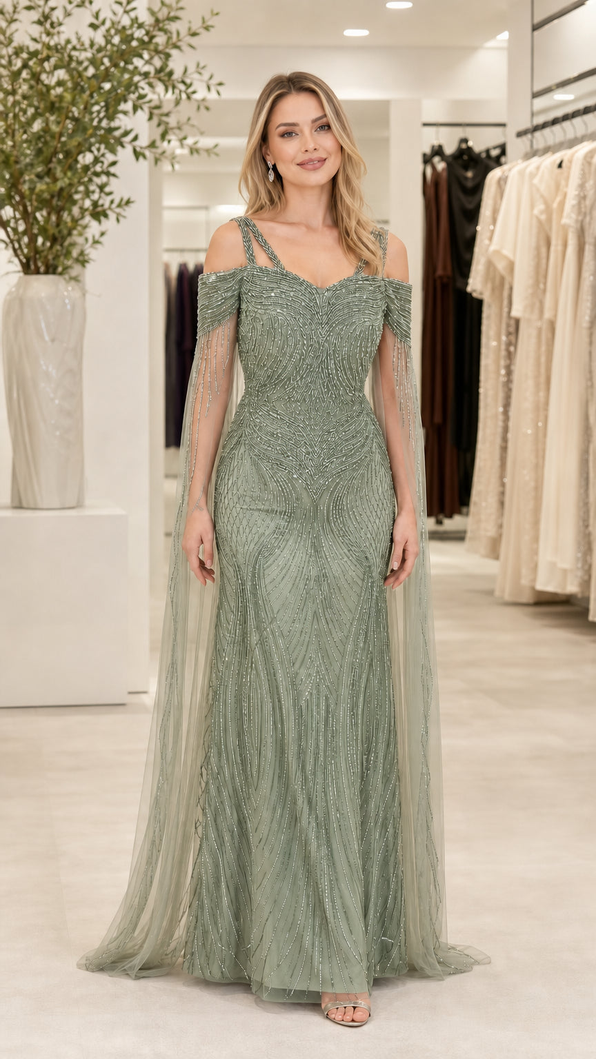 Front view of sage green beaded cold shoulder evening gown with sheer cape