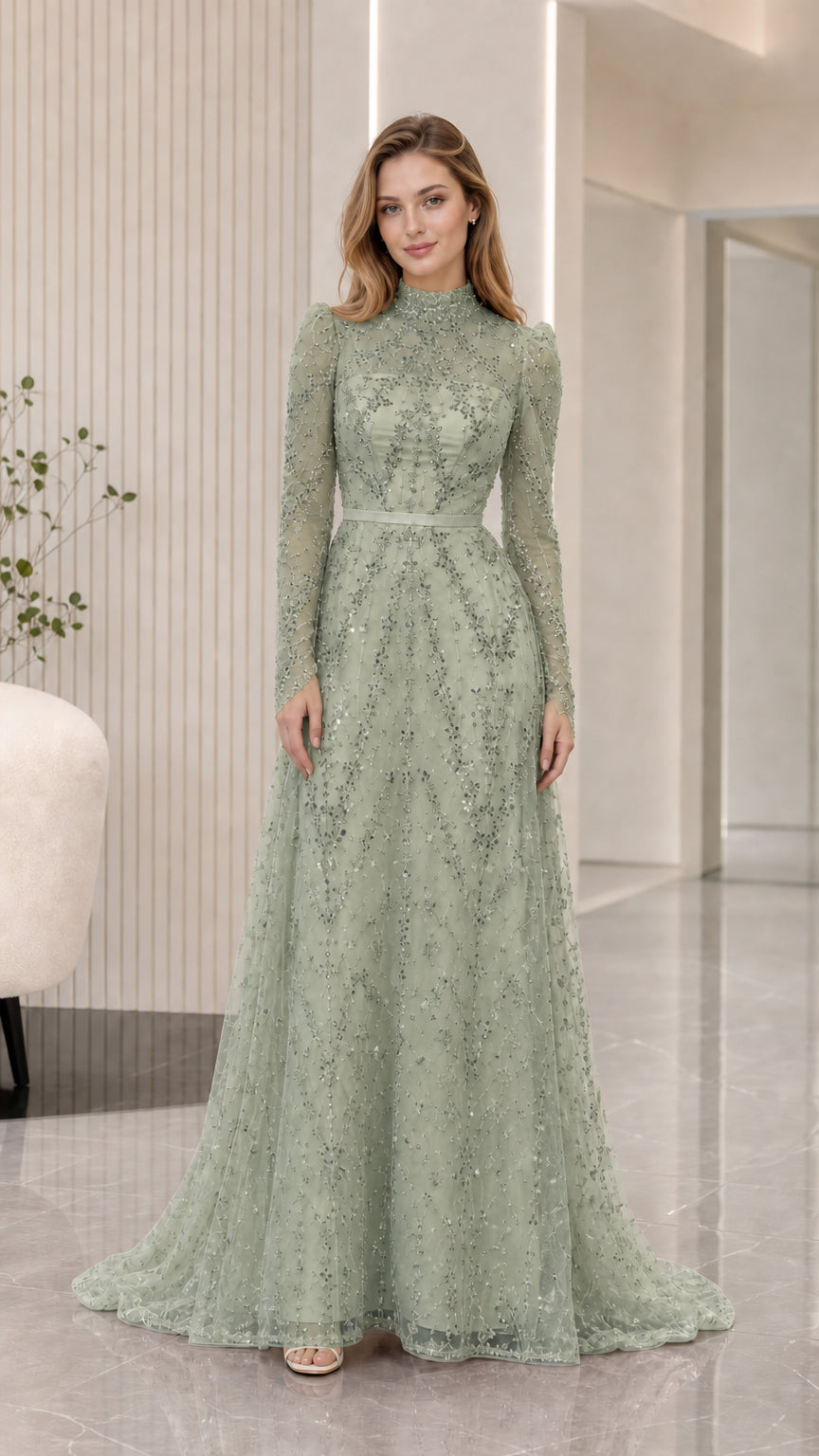 Sage green long sleeve embellished high neck evening dress front view
