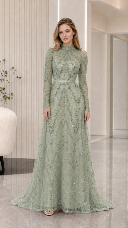 Sage green long sleeve embellished high neck evening dress front view