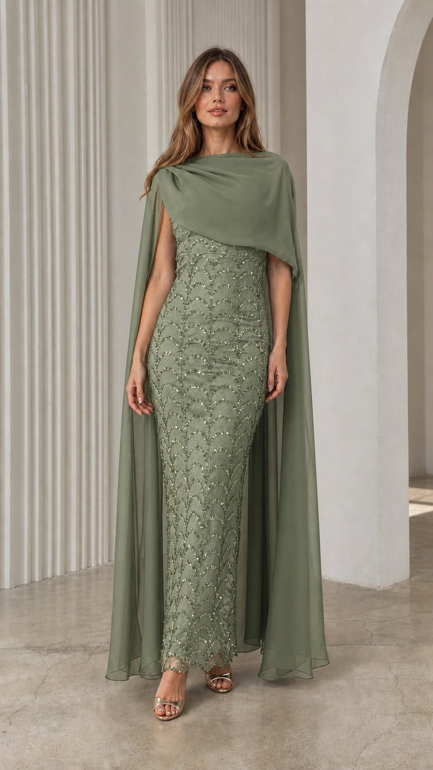 Sage green sequin embellished maxi evening dress featuring draped capelet shoulder detail
