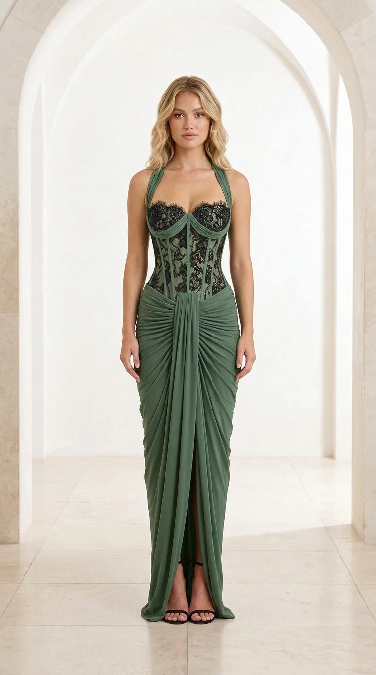 Front view of sage green halter lace corset draped maxi gown