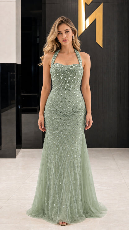 Front view of Sage Green halter neck embellished evening dress