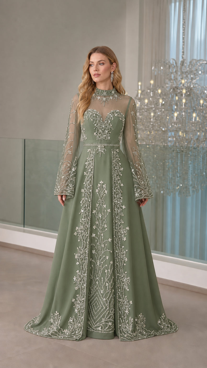 Sage green illusion neckline formal gown with intricate silver embroidery