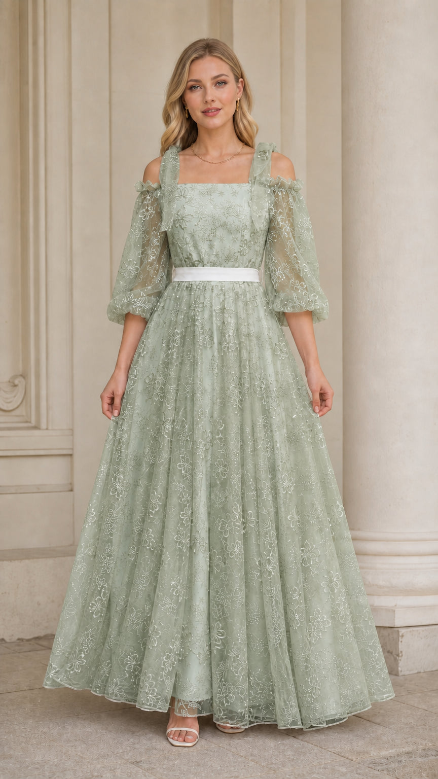 Sage green cold shoulder embroidered lace A-line evening maxi gown