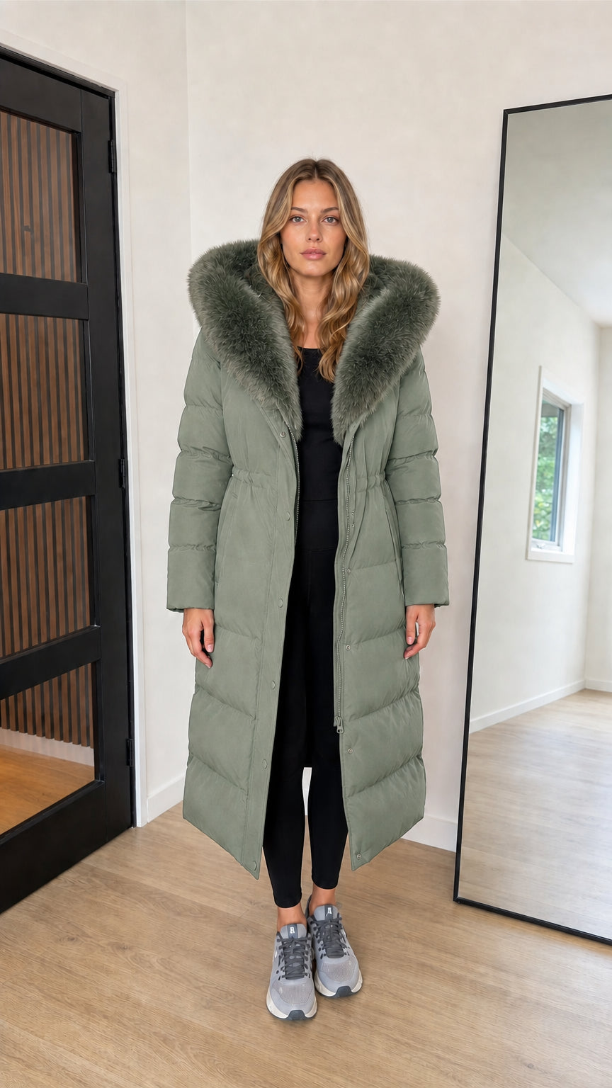 Full length sage green hooded quilted winter coat with plush fur hood