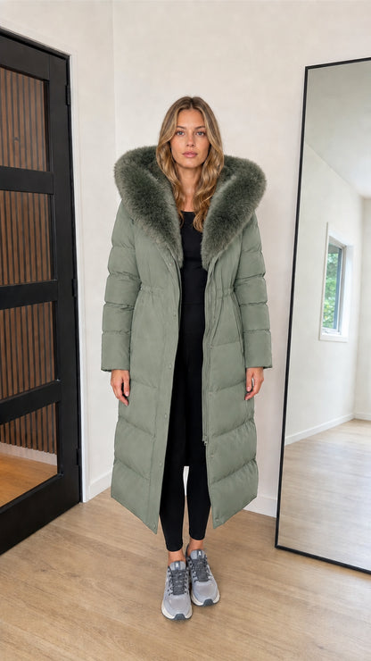 Full length sage green hooded quilted winter coat with plush fur hood