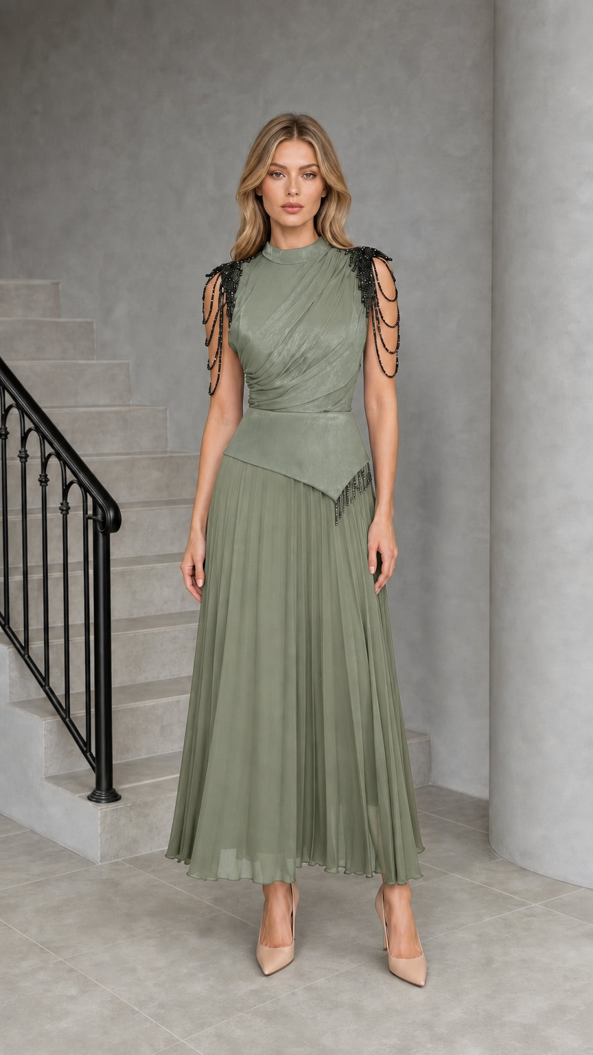 Sage Green Mock Neck Beaded Fringe Pleated Maxi Dress