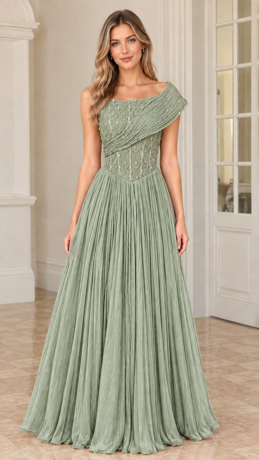 Front view of model wearing Sage Green one-shoulder beaded pleated maxi gown
