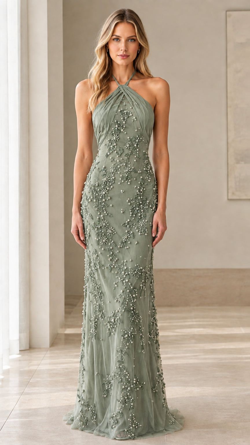 Model wearing Sage Green beaded halter neck gala dress