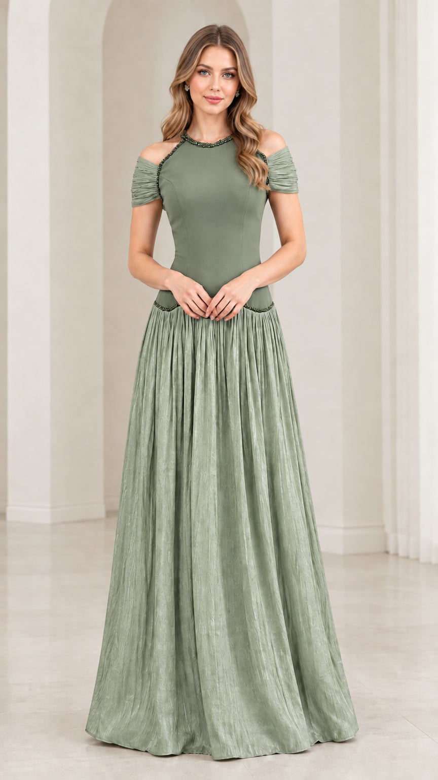 Woman wearing sage green cold shoulder beaded pleated maxi dress