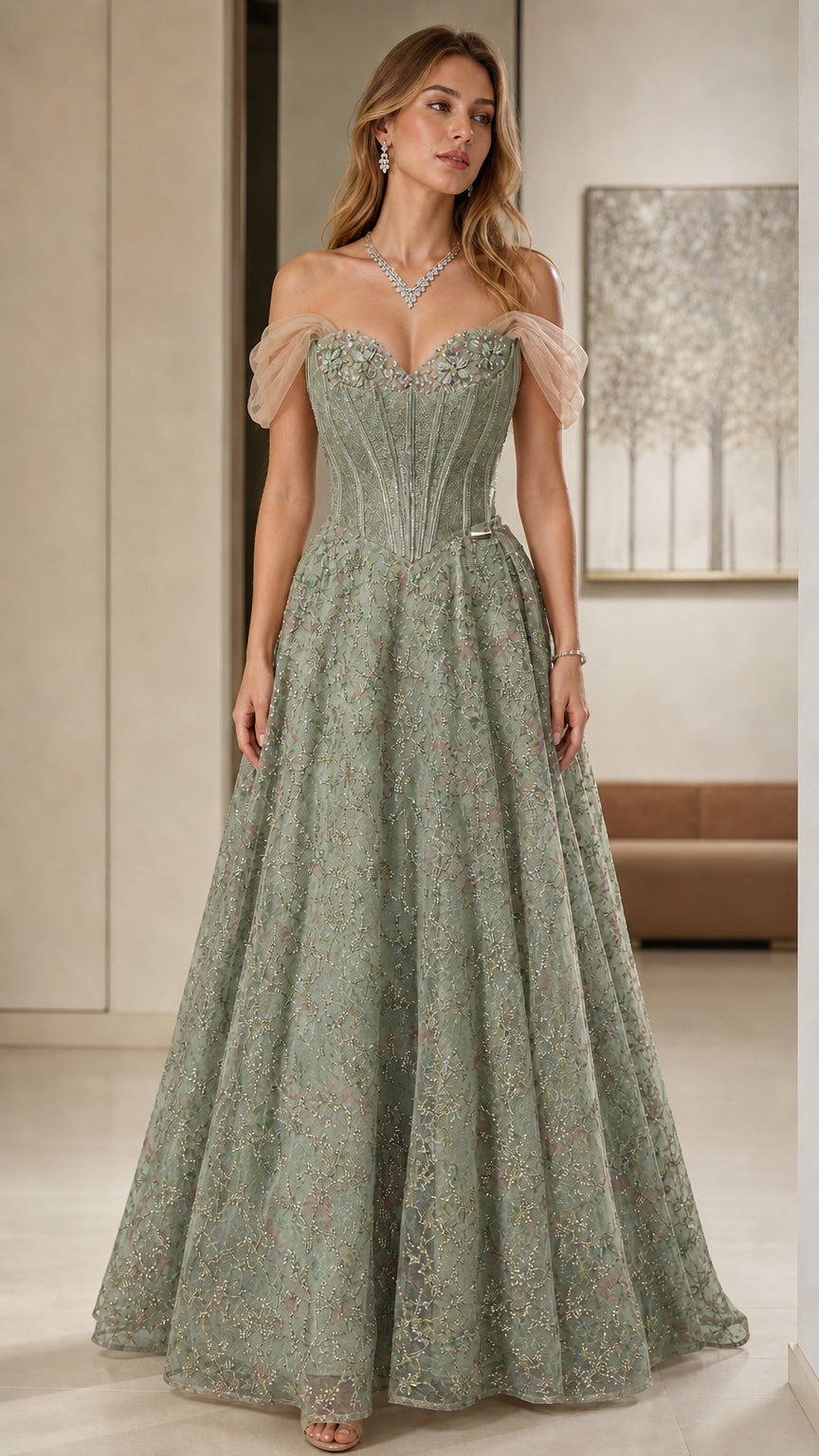 Sage green off-shoulder glitter tulle corset formal evening dress