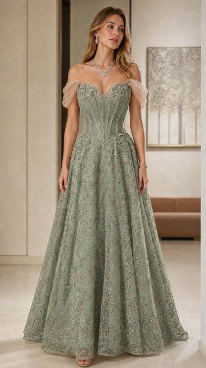 Sage green off-shoulder glitter tulle corset formal evening dress