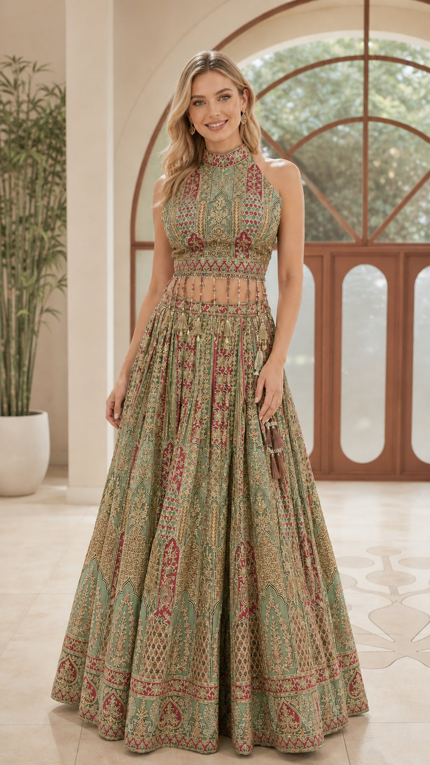 Model wearing Sage Green embroidered halter crop top and maxi skirt set