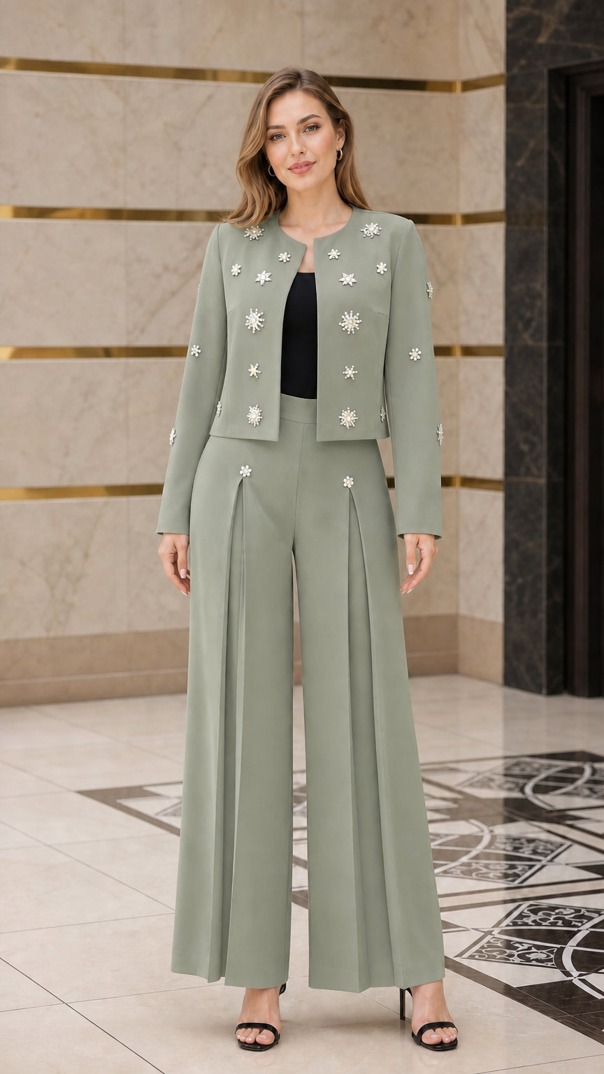 Model wearing sage green embellished cropped jacket and wide-leg suit set