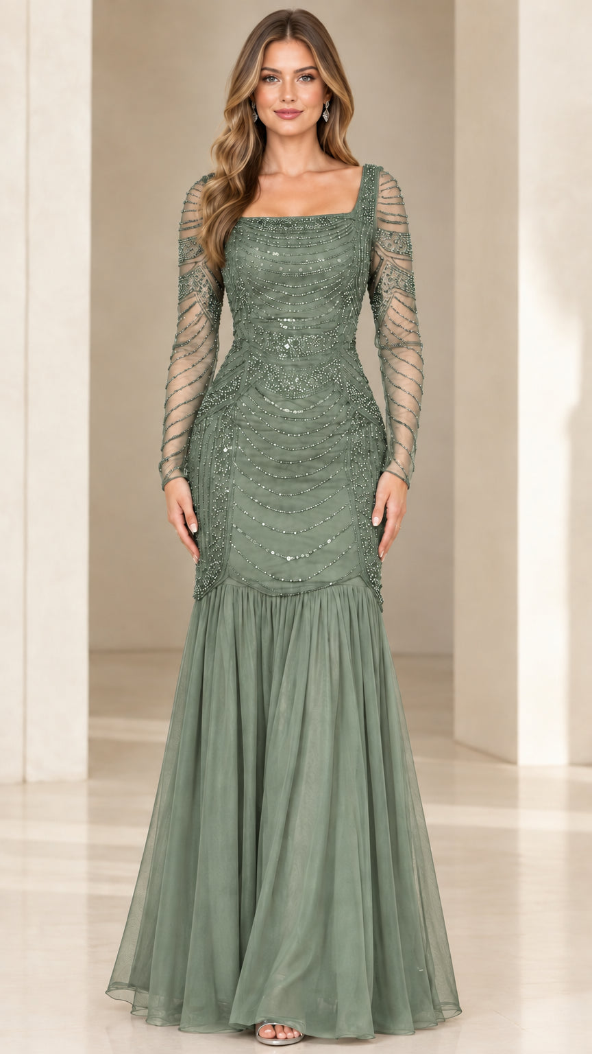 Front view of sage green embellished square neck long sleeve mermaid maxi dress