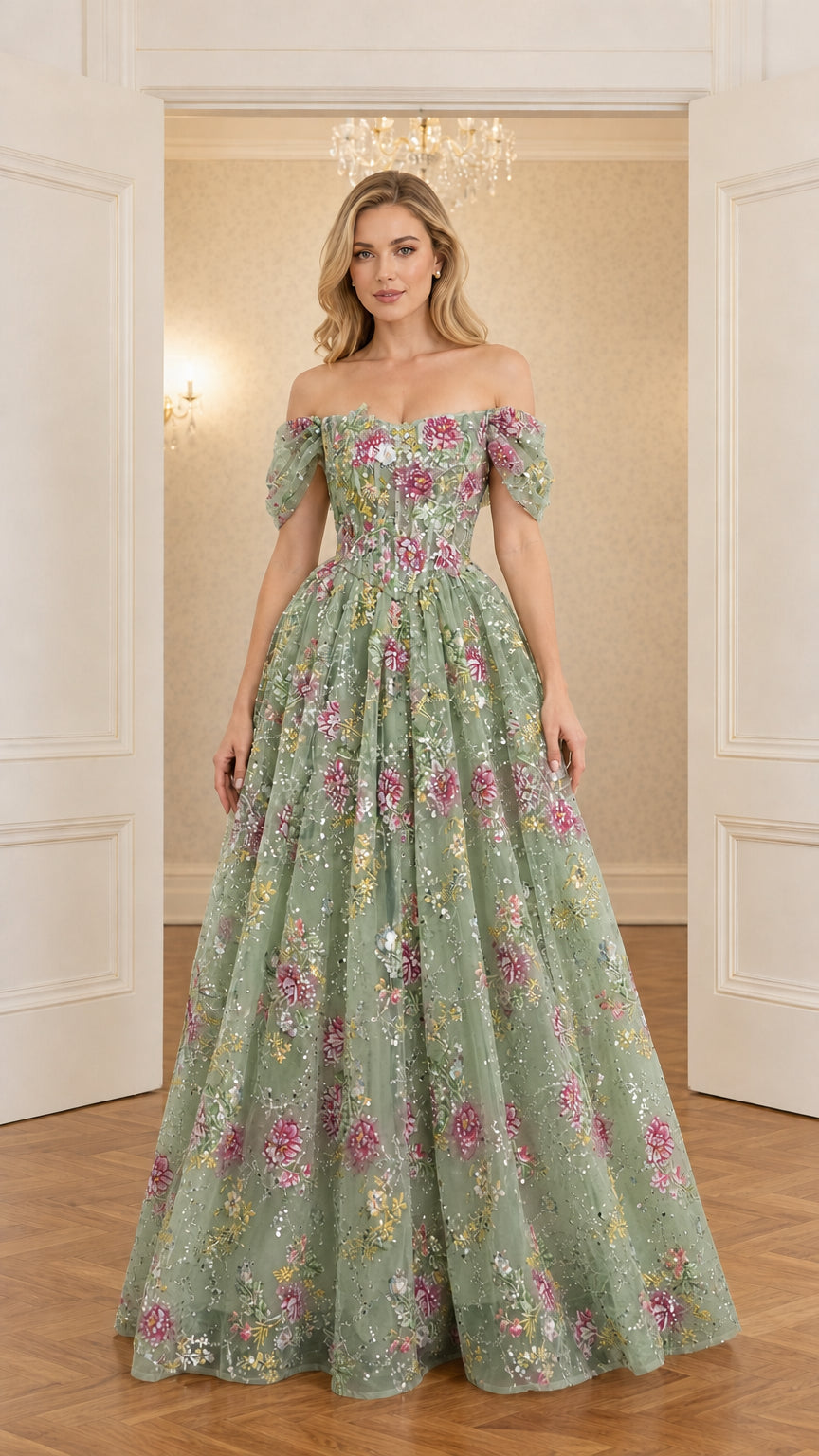 Sage green floral embroidered tulle A-line evening gown