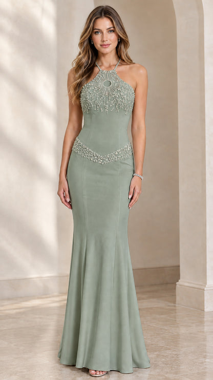 Model wearing sage green beaded halter neck mermaid formal dress