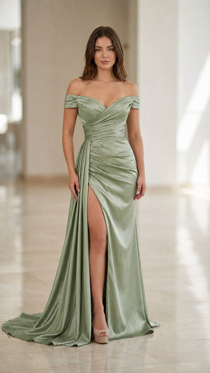 Front view of sage green off-the-shoulder satin formal dress
