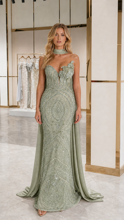 Sage green sequin strapless evening gown with matching sage chiffon cape