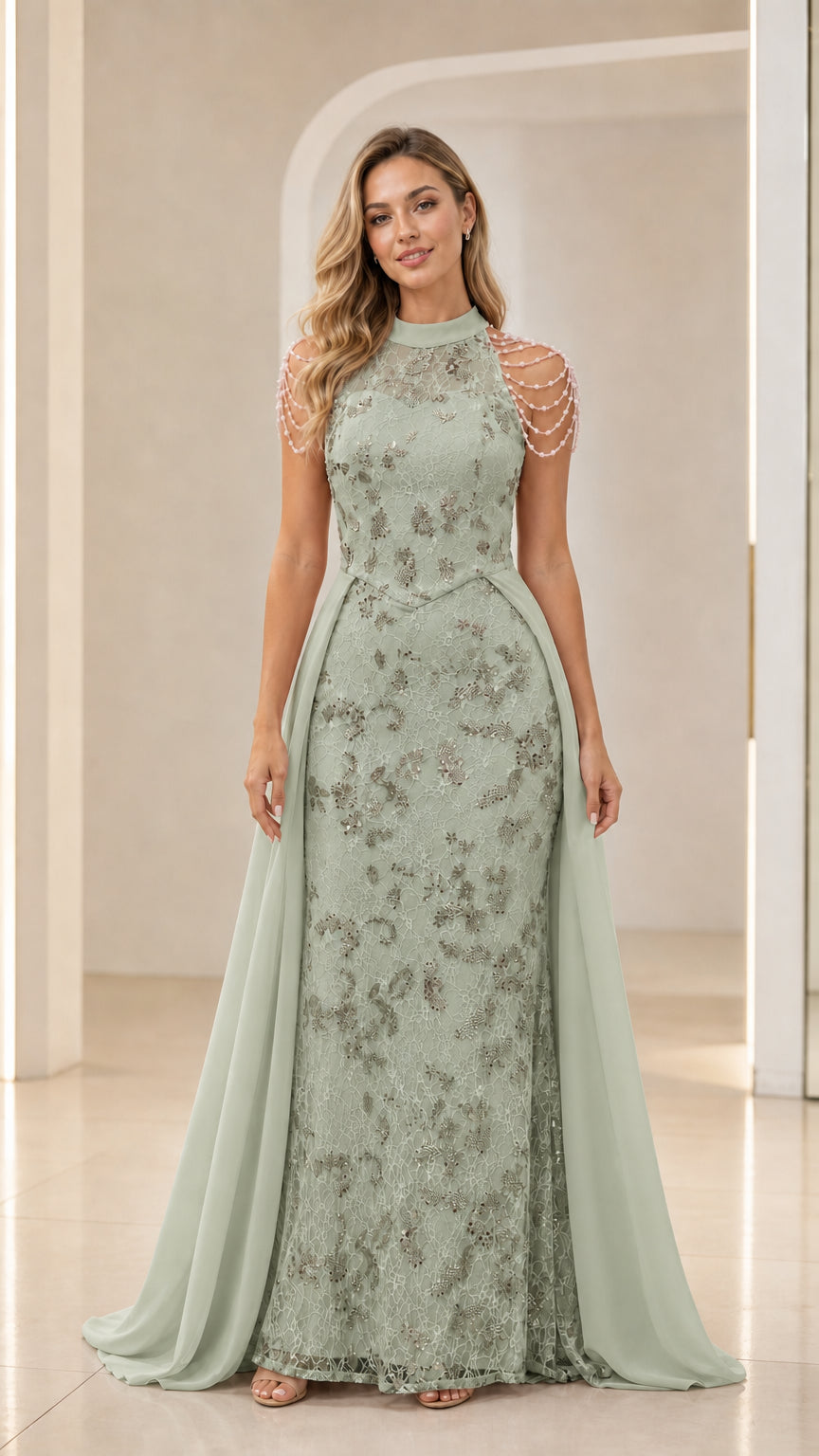 Sage green high neck sequin lace formal maxi dress with pearl shoulder detailing