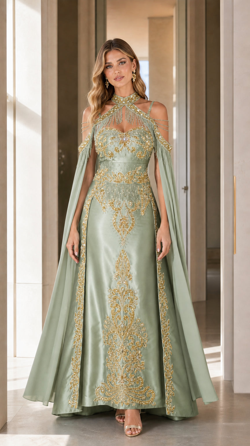 Sage green halter formal gown with gold baroque embroidery and cape
