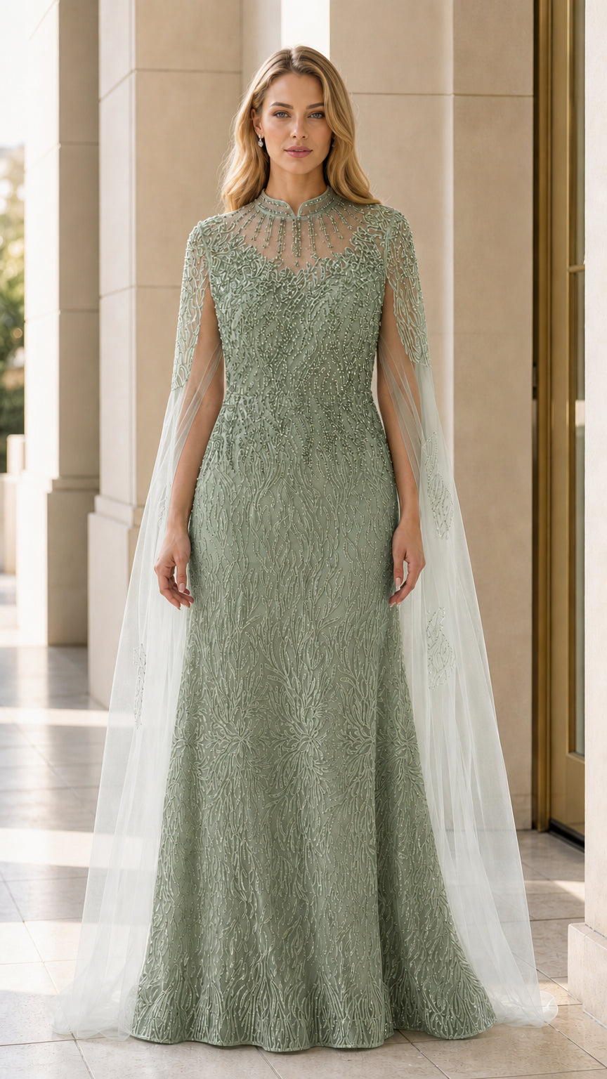 Full length sage green embellished evening gown with sheer cape overlay