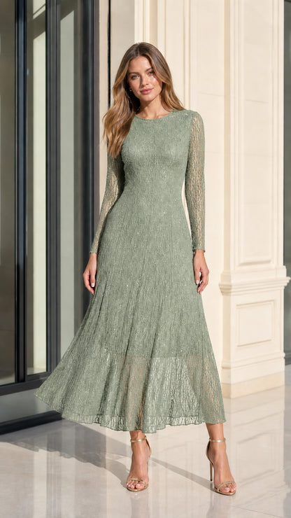Sage Green long sleeve sequin lace cocktail midi dress