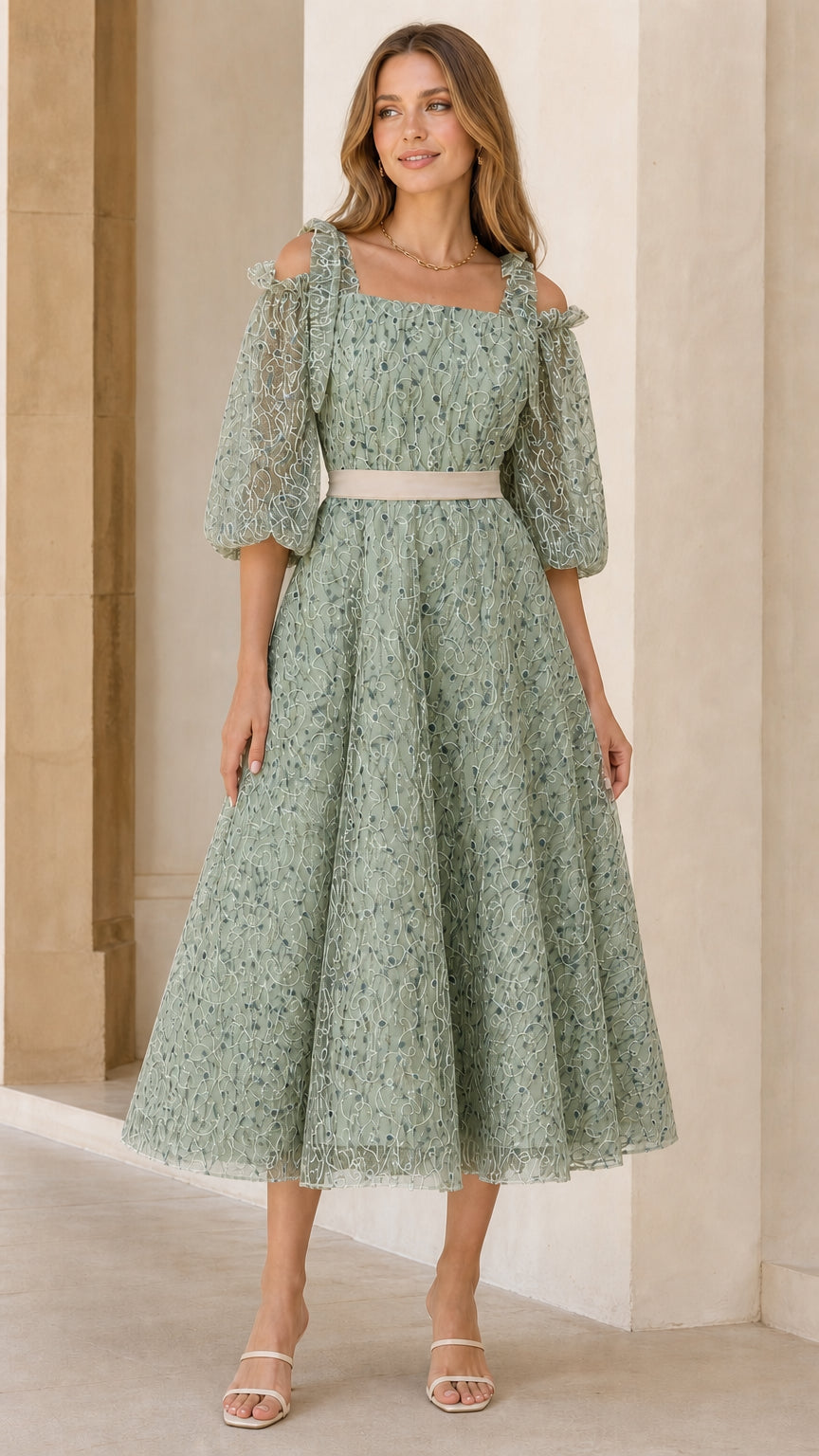 Sage green embroidered tulle midi cocktail dress
