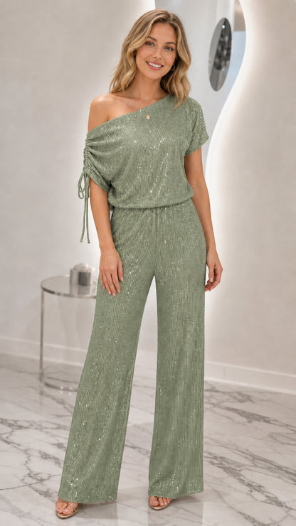 Model wearing Sage Green one-shoulder sequin wide-leg jumpsuit
