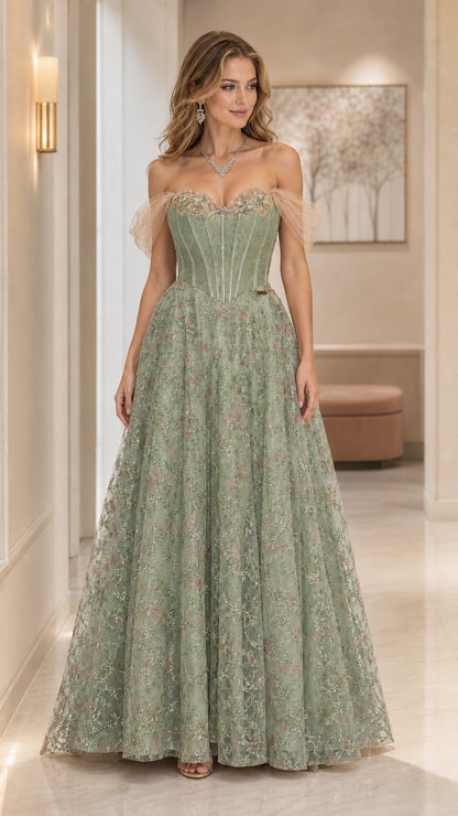 Sage green off-the-shoulder glitter corset formal evening gown front view