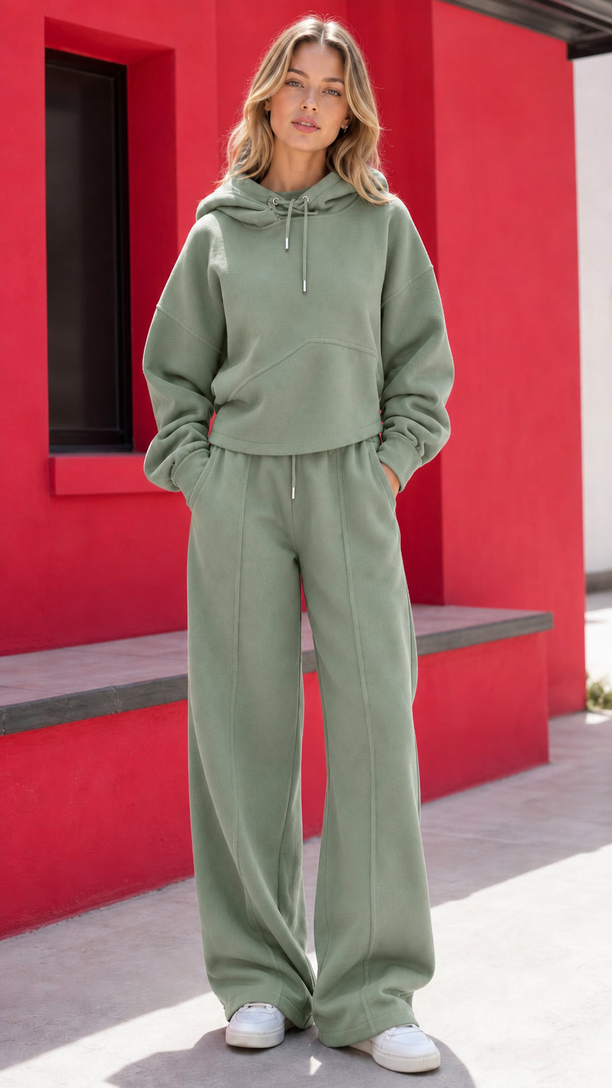 Woman wearing sage green two-piece hoodie and wide-leg tracksuit set