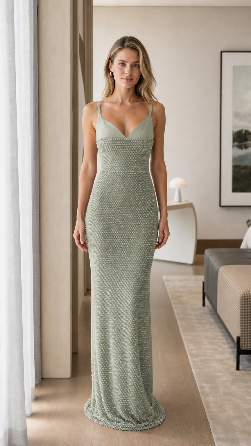 Front view of sage green sweetheart textured maxi evening dress