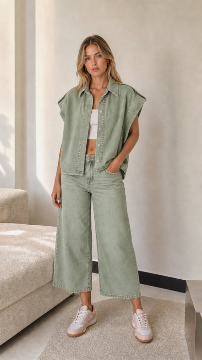 Model wearing Sage Green sleeveless denim vest with matching cropped wide-leg pants