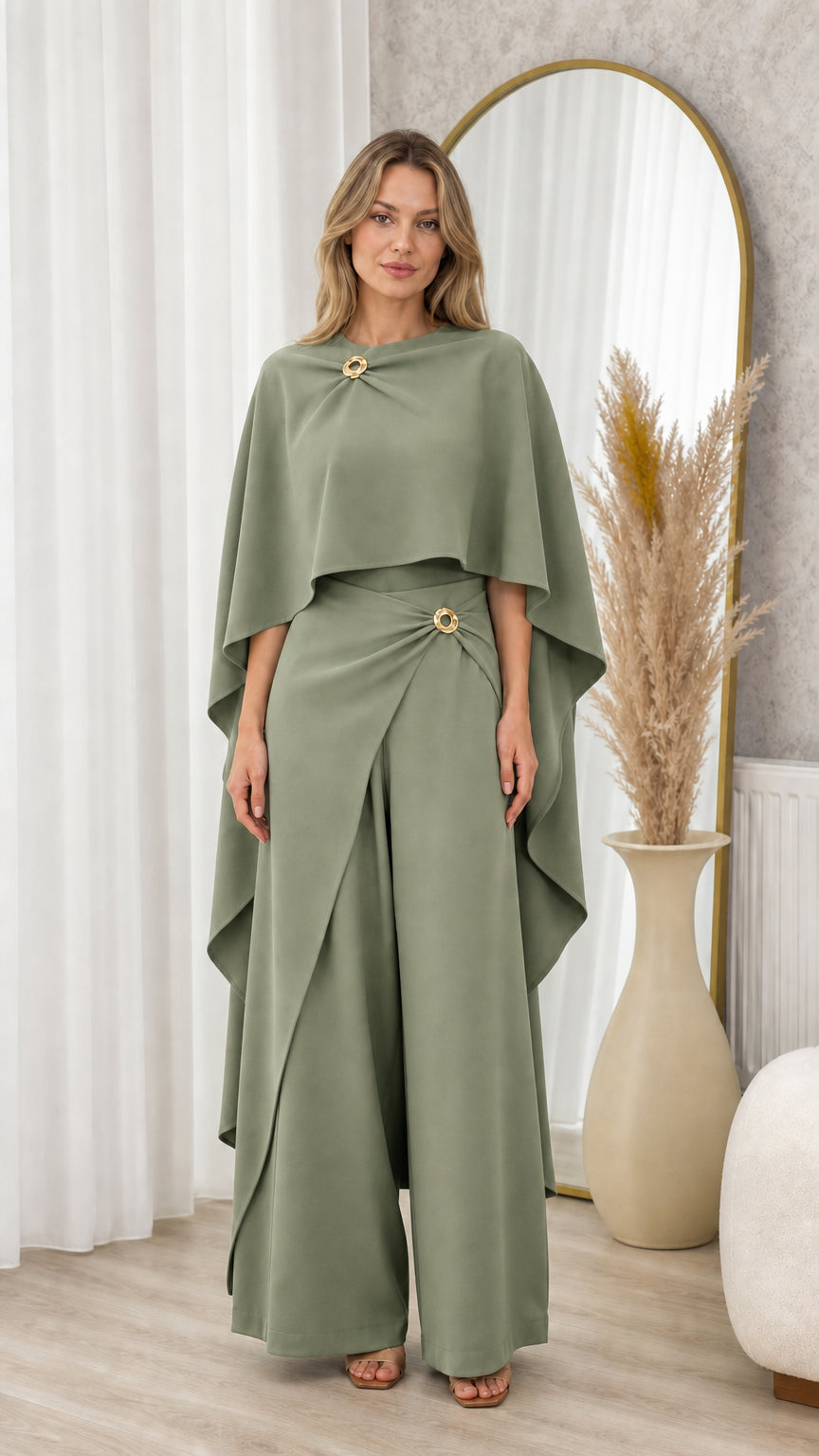 Full front view of sage green draped cape top and wide-leg trousers set