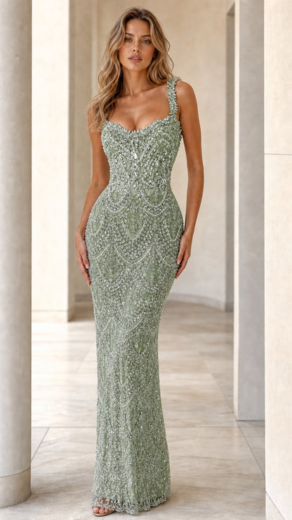 Sage green crystal beaded sleeveless formal gown front view