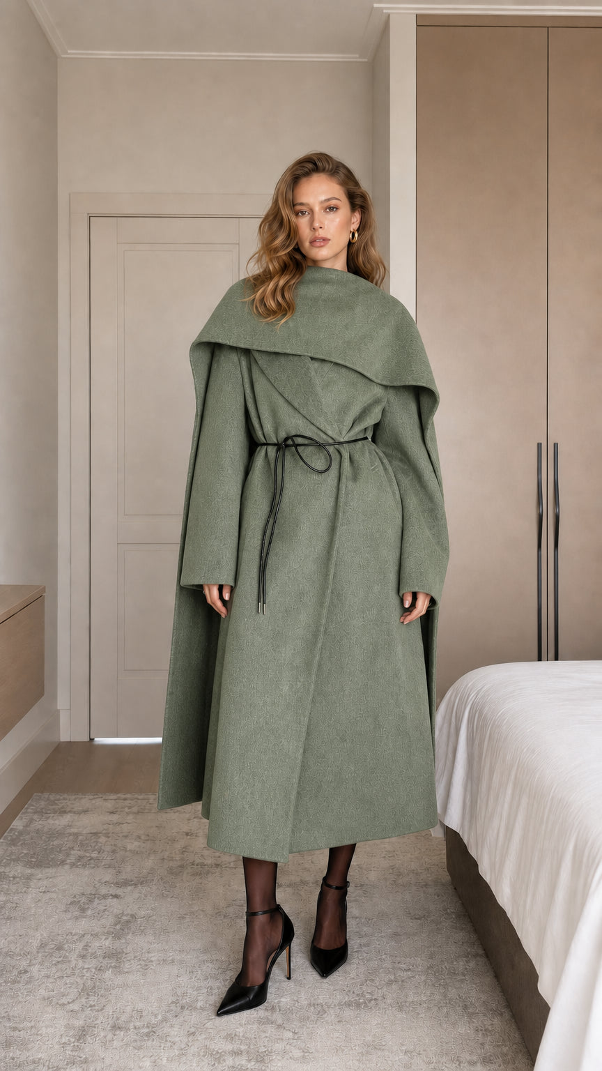 Model wearing sage green draped cape collar maxi coat