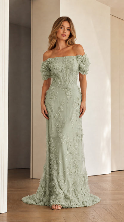 Sage green off-the-shoulder 3D floral sequin evening gown