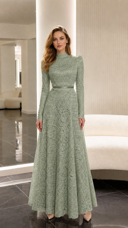 Sage Green long sleeve A-line lace formal maxi dress