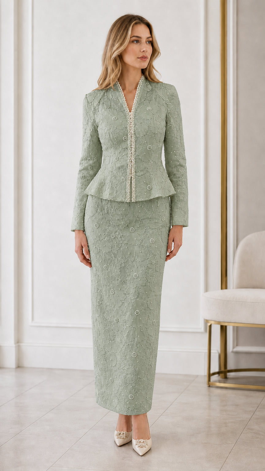 Full front view of sage green embroidered peplum skirt suit