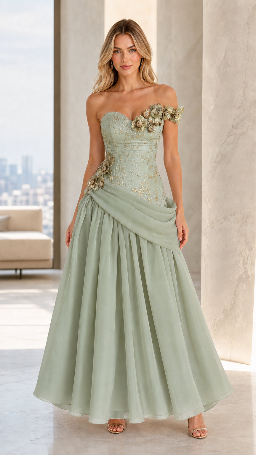 Front view of Sage Green floral appliqué corset evening gown with pleated chiffon skirt