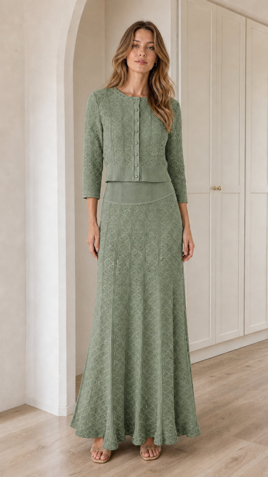 Model wearing Sage Green two-piece pointelle knit skirt set