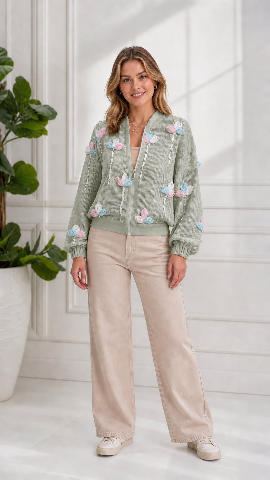 Model wearing sage green 3D floral zip-up knit bomber cardigan