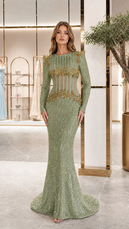 Sage green long sleeve sequined mermaid gown with corset midriff front view