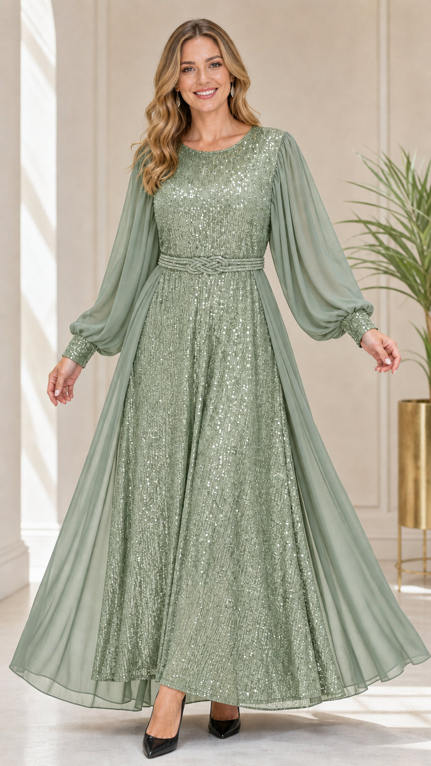 Full-length view of sage green sequin long balloon sleeve evening gown